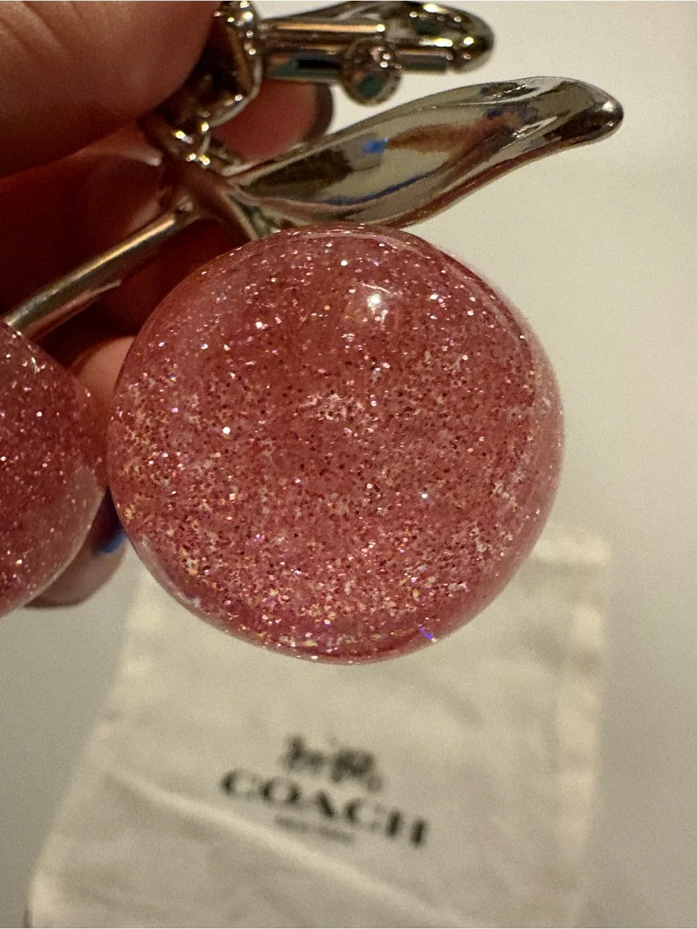 Coach Pink Glitter Cherry Bag Charm / Keychain w/ Dust Bag